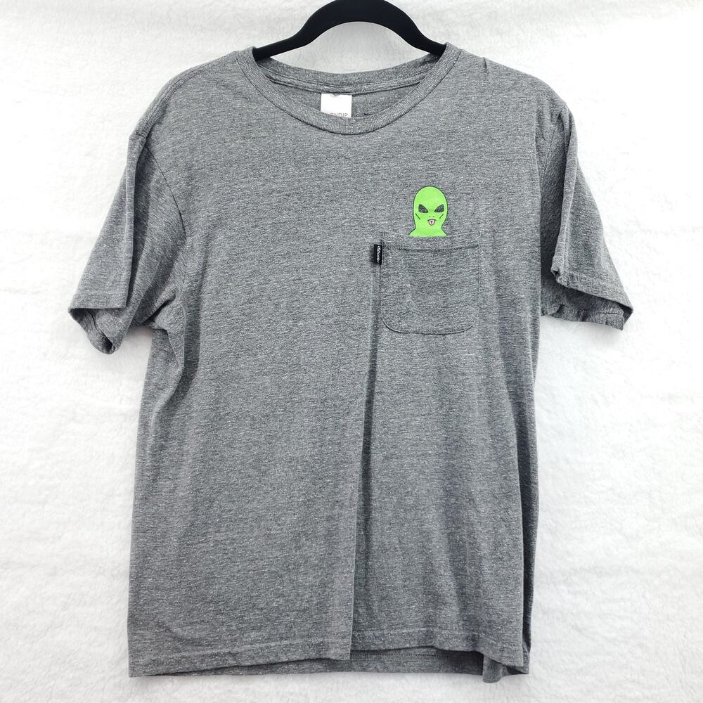 RIPNDIP Men's Gray Alien Pocket Crew Neck Graphic T Shirt Medium